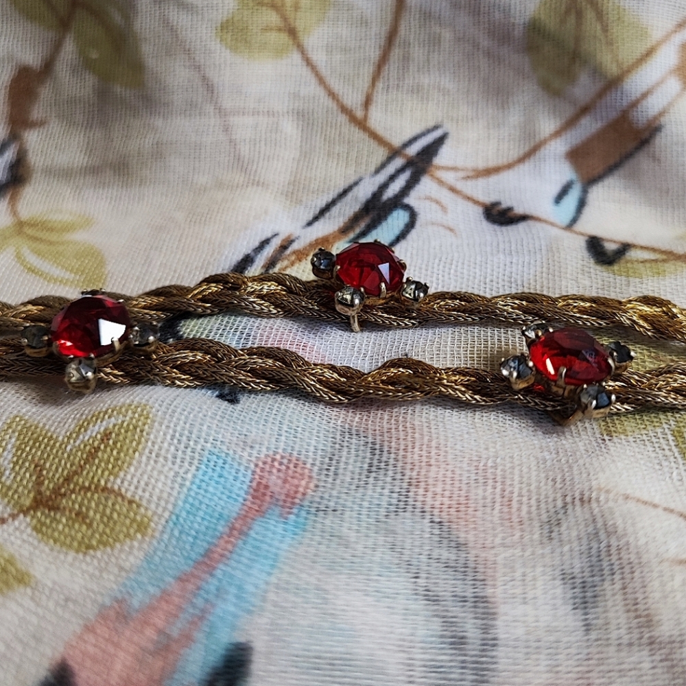 Dual Strand Braided Sterling Vintage Gold Wash Slide Bracelet Red & Gray Stones - Picture 8 of 15